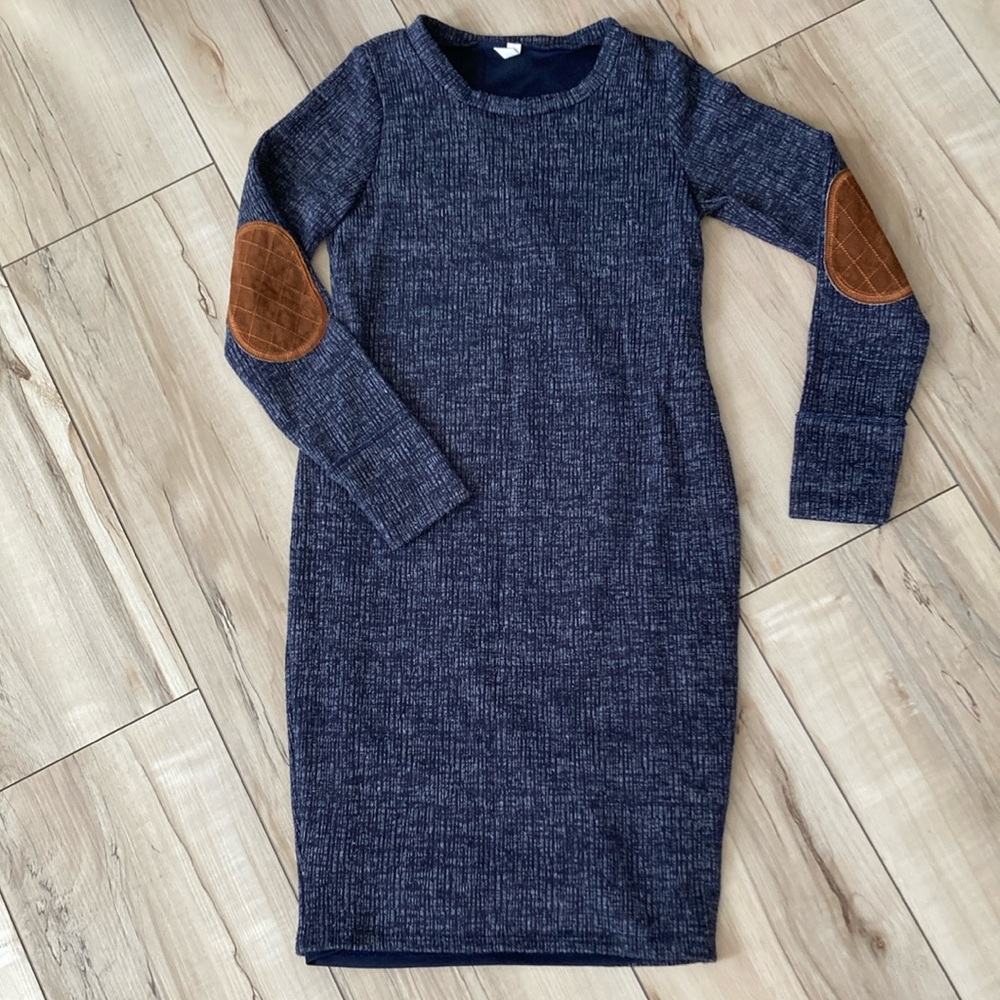 Pink Blush Heather Navy Suede Elbow Patch Sleeve Dress